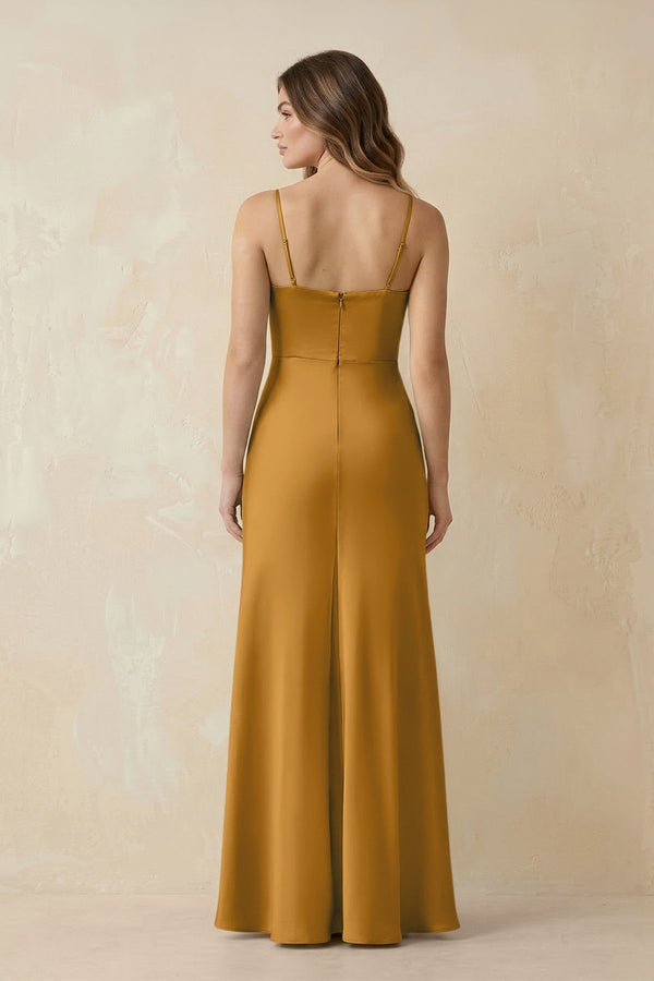 Spaghetti Strap Sheath Satin Bridesmaid Dress With Slit in Marigold - KissProm Bridesmaid Dresses