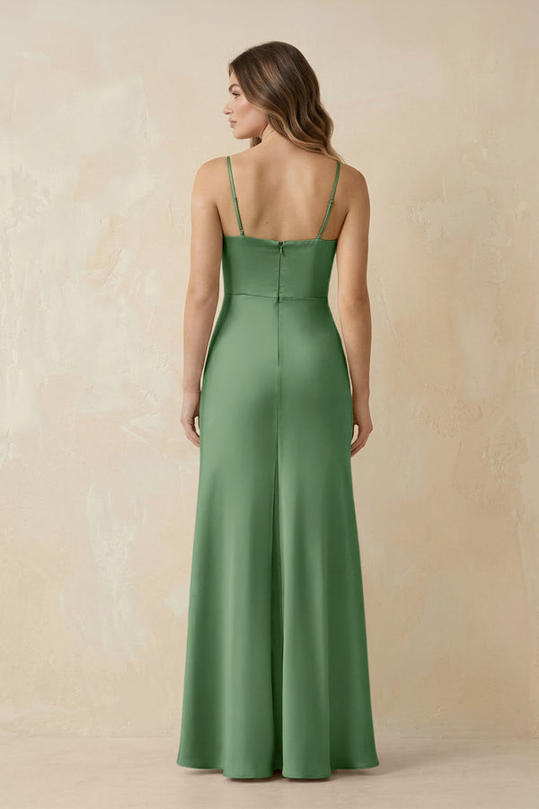 Spaghetti Strap Sheath Satin Bridesmaid Dress With Slit in Matcha - KissProm Bridesmaid Dresses
