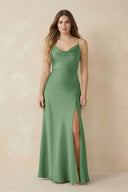 Spaghetti Strap Sheath Satin Bridesmaid Dress With Slit in Matcha - KissProm Bridesmaid Dresses