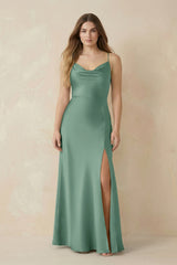 Spaghetti Strap Sheath Satin Bridesmaid Dress With Slit in Mint Green - KissProm Bridesmaid Dresses