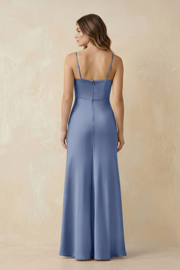 Spaghetti Strap Sheath Satin Bridesmaid Dress With Slit in Mist - KissProm Bridesmaid Dresses