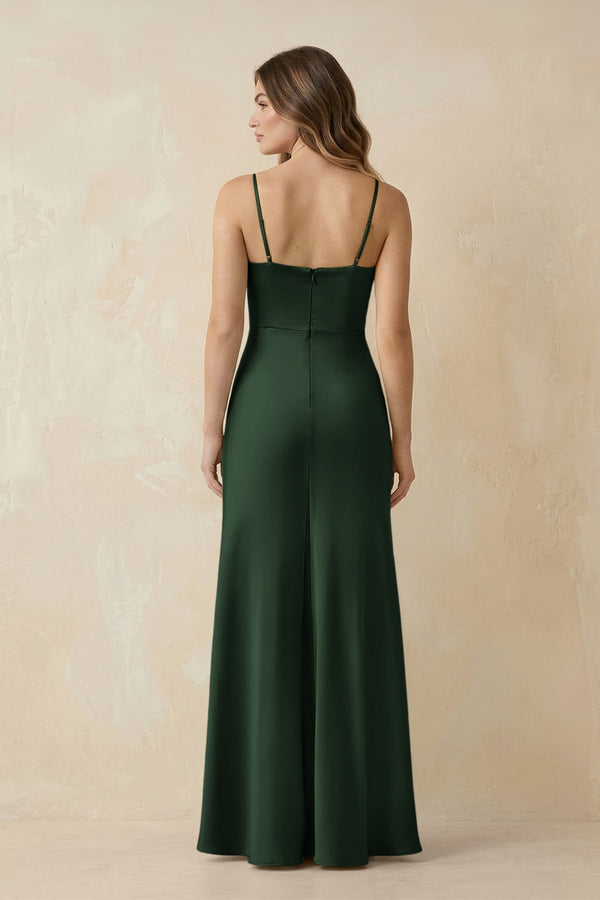 Spaghetti Strap Sheath Satin Bridesmaid Dress With Slit in Moss - KissProm Bridesmaid Dresses