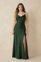Spaghetti Strap Sheath Satin Bridesmaid Dress With Slit in Moss - KissProm Bridesmaid Dresses