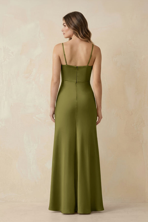 Spaghetti Strap Sheath Satin Bridesmaid Dress With Slit in Moss Green - KissProm Bridesmaid Dresses