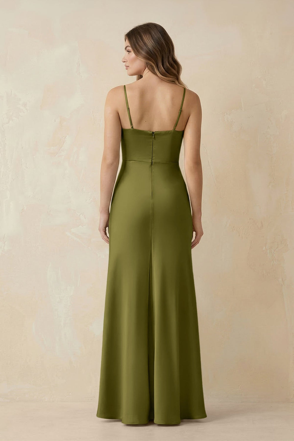 Spaghetti Strap Sheath Satin Bridesmaid Dress With Slit in Moss Green - KissProm Bridesmaid Dresses