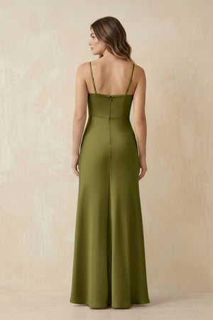 Spaghetti Strap Sheath Satin Bridesmaid Dress With Slit in Moss Green - KissProm Bridesmaid Dresses