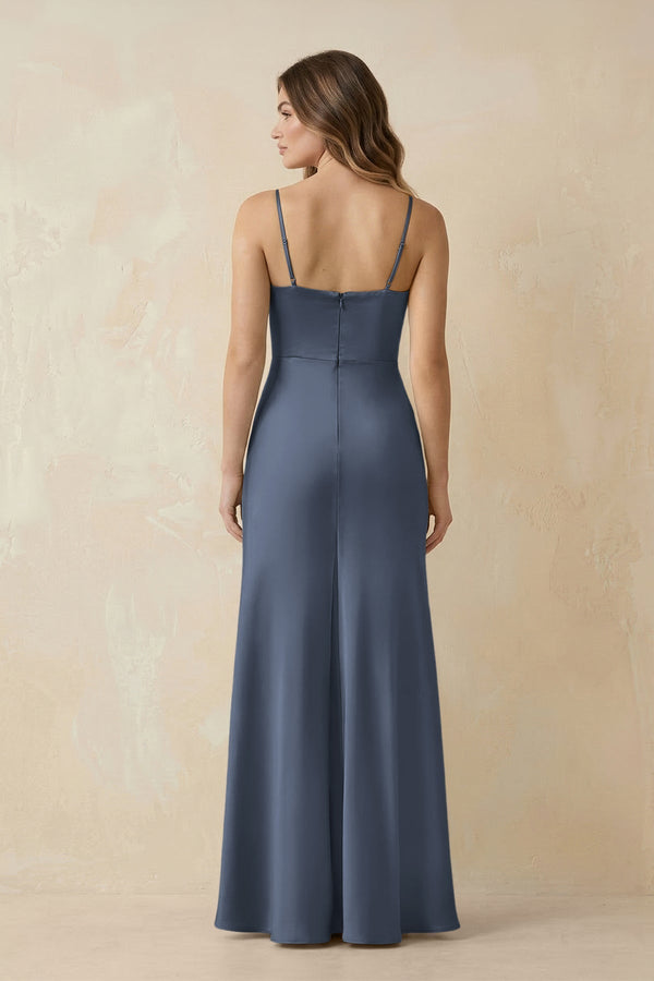 Spaghetti Strap Sheath Satin Bridesmaid Dress With Slit in Neptune - KissProm Bridesmaid Dresses