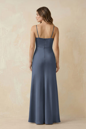 Spaghetti Strap Sheath Satin Bridesmaid Dress With Slit in Neptune - KissProm Bridesmaid Dresses