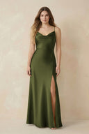Spaghetti Strap Sheath Satin Bridesmaid Dress With Slit in Olive - KissProm Bridesmaid Dresses