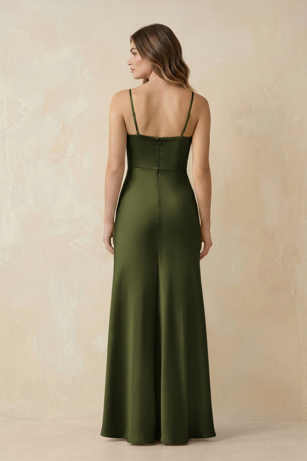 Spaghetti Strap Sheath Satin Bridesmaid Dress With Slit in Olive - KissProm Bridesmaid Dresses