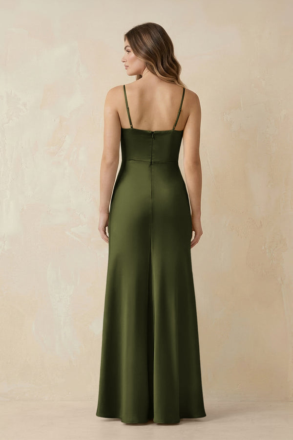 Spaghetti Strap Sheath Satin Bridesmaid Dress With Slit in Olive - KissProm Bridesmaid Dresses