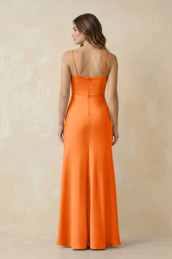 Spaghetti Strap Sheath Satin Bridesmaid Dress With Slit in Orange - KissProm Bridesmaid Dresses