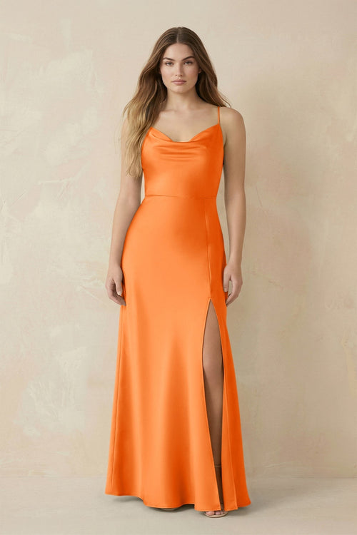 Spaghetti Strap Sheath Satin Bridesmaid Dress With Slit in Orange - KissProm Bridesmaid Dresses