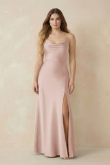 Spaghetti Strap Sheath Satin Bridesmaid Dress With Slit in Pale Blush - KissProm Bridesmaid Dresses