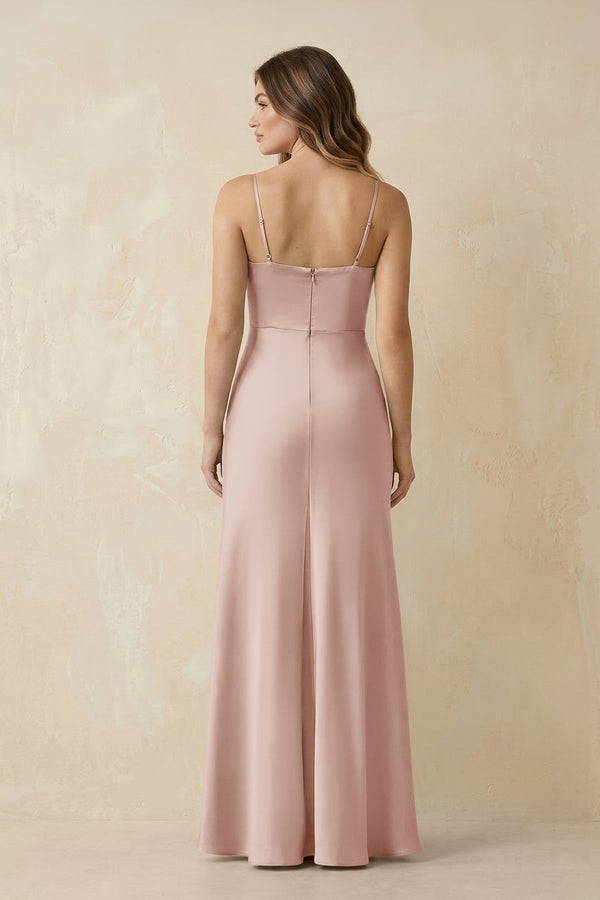 Spaghetti Strap Sheath Satin Bridesmaid Dress With Slit in Pale Blush - KissProm Bridesmaid Dresses