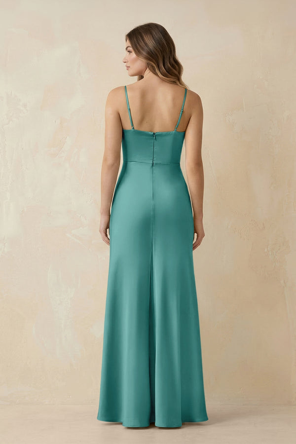 Spaghetti Strap Sheath Satin Bridesmaid Dress With Slit in Pale Pistachio - KissProm Bridesmaid Dresses