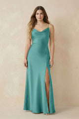 Spaghetti Strap Sheath Satin Bridesmaid Dress With Slit in Pale Pistachio - KissProm Bridesmaid Dresses
