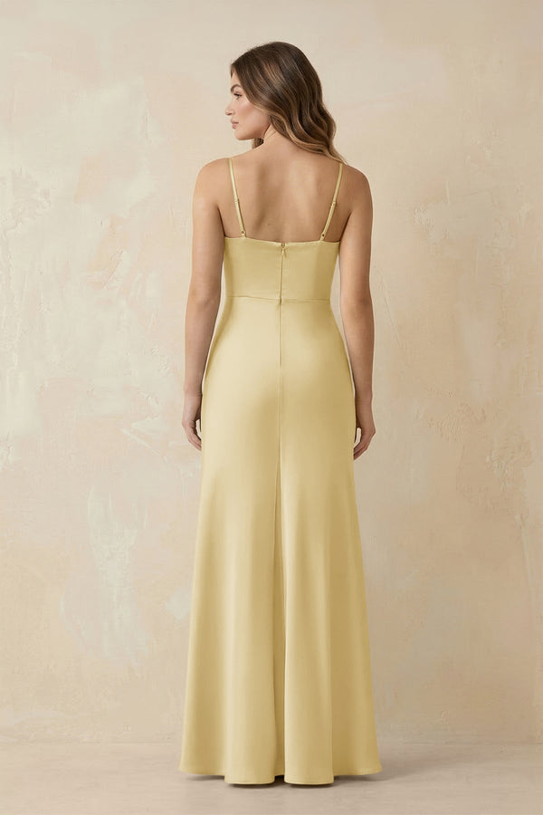 Spaghetti Strap Sheath Satin Bridesmaid Dress With Slit in Pastel Yellow - KissProm Bridesmaid Dresses