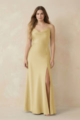 Spaghetti Strap Sheath Satin Bridesmaid Dress With Slit in Pastel Yellow - KissProm Bridesmaid Dresses