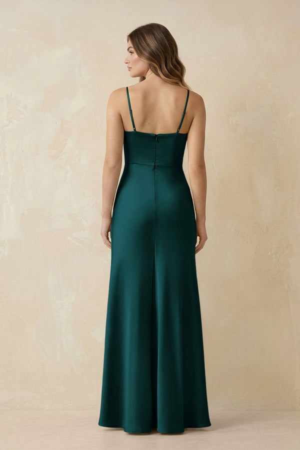 Spaghetti Strap Sheath Satin Bridesmaid Dress With Slit in Pine - KissProm Bridesmaid Dresses