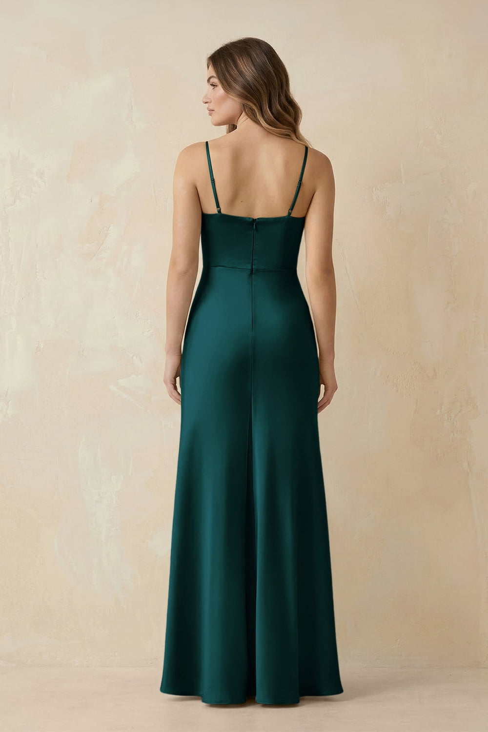 Spaghetti Strap Sheath Satin Bridesmaid Dress With Slit in Pine - KissProm Bridesmaid Dresses
