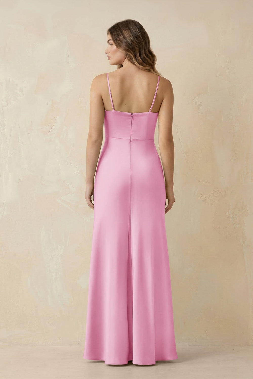 Spaghetti Strap Sheath Satin Bridesmaid Dress With Slit in Pink - KissProm Bridesmaid Dresses