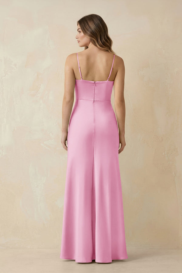 Spaghetti Strap Sheath Satin Bridesmaid Dress With Slit in Pink - KissProm Bridesmaid Dresses