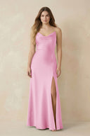 Spaghetti Strap Sheath Satin Bridesmaid Dress With Slit in Pink - KissProm Bridesmaid Dresses