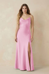Spaghetti Strap Sheath Satin Bridesmaid Dress With Slit in Pink - KissProm Bridesmaid Dresses