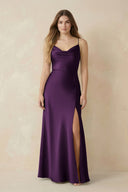 Spaghetti Strap Sheath Satin Bridesmaid Dress With Slit in Plum - KissProm Bridesmaid Dresses