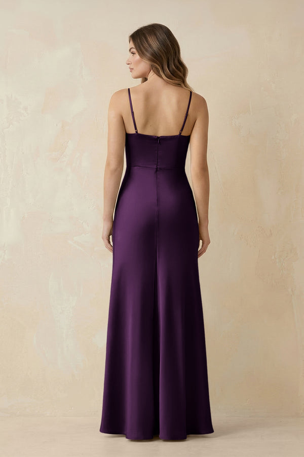 Spaghetti Strap Sheath Satin Bridesmaid Dress With Slit in Plum - KissProm Bridesmaid Dresses