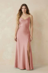 Spaghetti Strap Sheath Satin Bridesmaid Dress With Slit in Rose Petal - KissProm Bridesmaid Dresses
