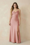 Spaghetti Strap Sheath Satin Bridesmaid Dress With Slit in Rose Petal - KissProm Bridesmaid Dresses