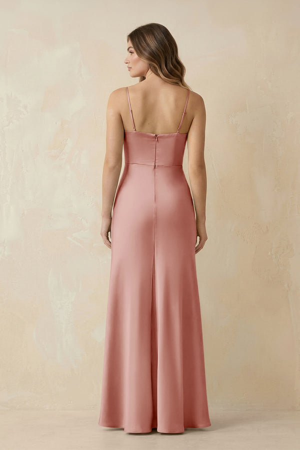 Spaghetti Strap Sheath Satin Bridesmaid Dress With Slit in Rose Petal - KissProm Bridesmaid Dresses