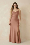 Spaghetti Strap Sheath Satin Bridesmaid Dress With Slit in Rosette - KissProm Bridesmaid Dresses