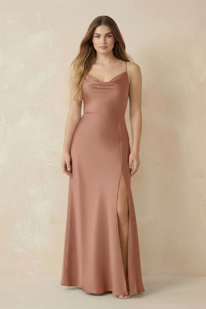 Spaghetti Strap Sheath Satin Bridesmaid Dress With Slit in Rosette - KissProm Bridesmaid Dresses