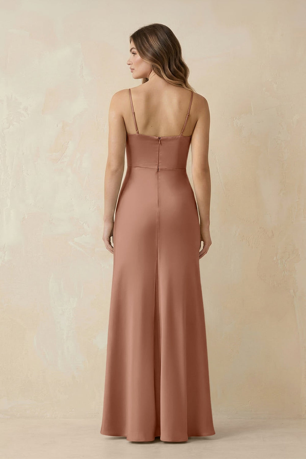 Spaghetti Strap Sheath Satin Bridesmaid Dress With Slit in Rosette - KissProm Bridesmaid Dresses