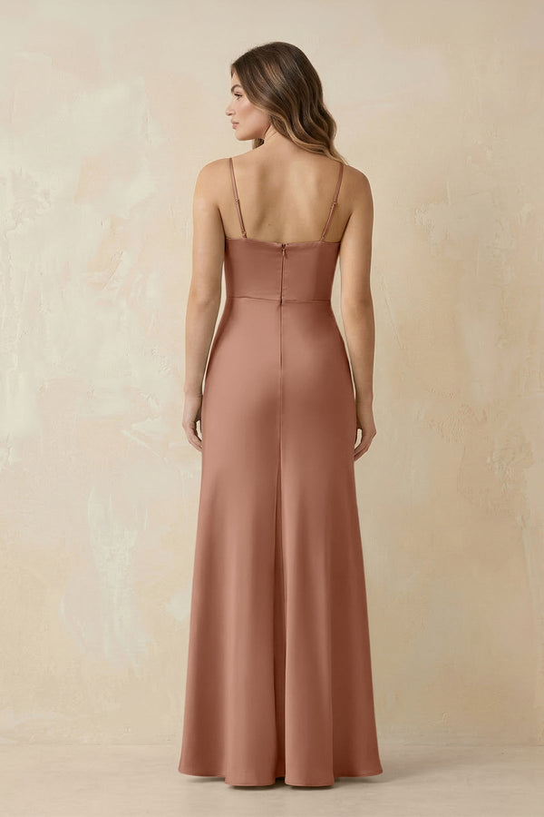 Spaghetti Strap Sheath Satin Bridesmaid Dress With Slit in Rosette - KissProm Bridesmaid Dresses
