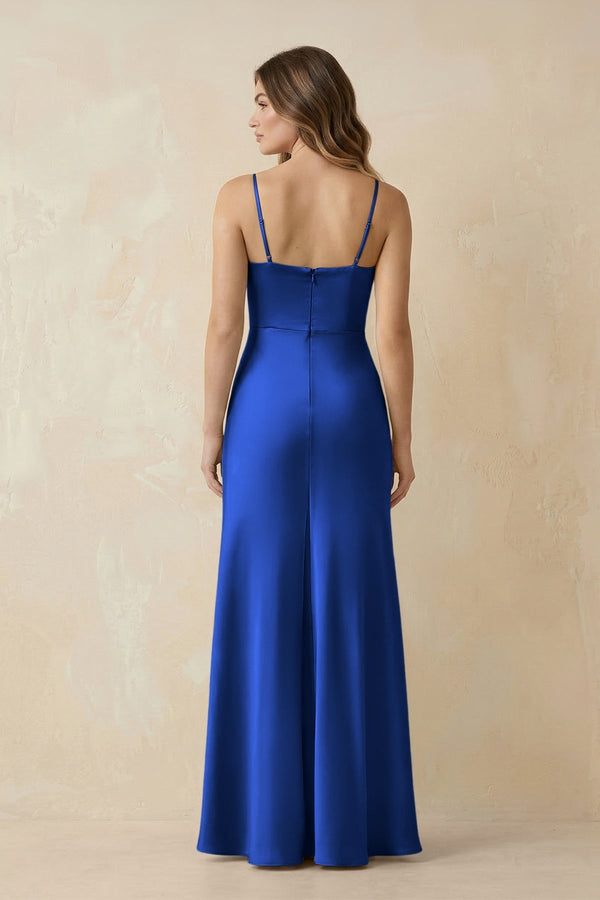 Spaghetti Strap Sheath Satin Bridesmaid Dress With Slit in Royal Blue - KissProm Bridesmaid Dresses