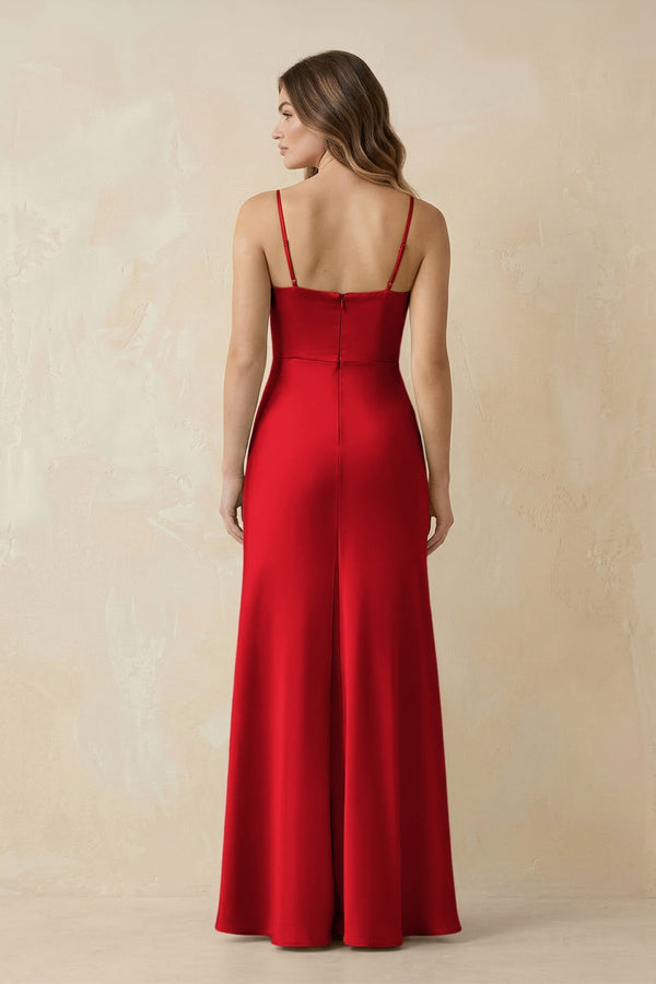 Spaghetti Strap Sheath Satin Bridesmaid Dress With Slit in Ruby Red - KissProm Bridesmaid Dresses
