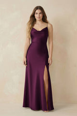Spaghetti Strap Sheath Satin Bridesmaid Dress With Slit in Sangria - KissProm Bridesmaid Dresses