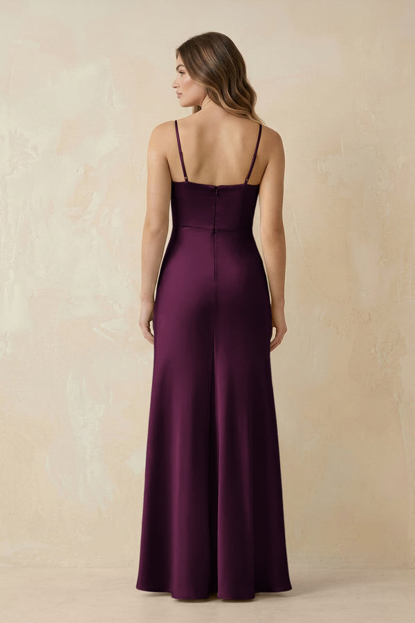 Spaghetti Strap Sheath Satin Bridesmaid Dress With Slit in Sangria - KissProm Bridesmaid Dresses