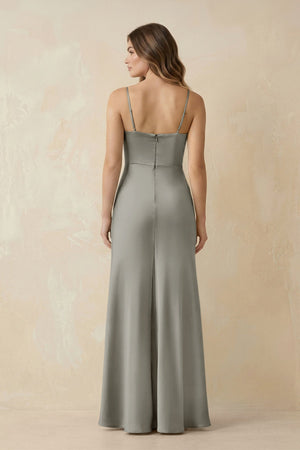 Spaghetti Strap Sheath Satin Bridesmaid Dress With Slit in Silver - KissProm Bridesmaid Dresses