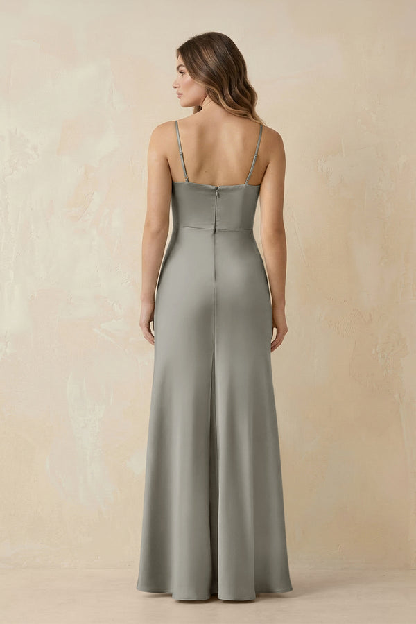 Spaghetti Strap Sheath Satin Bridesmaid Dress With Slit in Silver - KissProm Bridesmaid Dresses