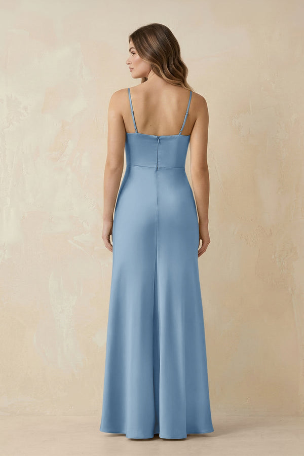 Spaghetti Strap Sheath Satin Bridesmaid Dress With Slit in Sky Blue - KissProm Bridesmaid Dresses