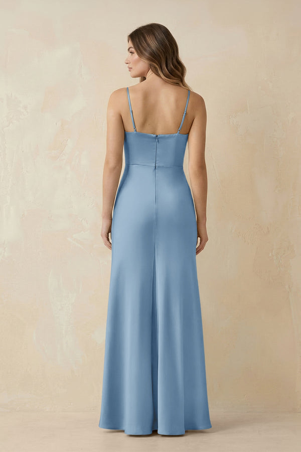 Spaghetti Strap Sheath Satin Bridesmaid Dress With Slit in Sky Blue - KissProm Bridesmaid Dresses
