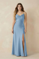 Spaghetti Strap Sheath Satin Bridesmaid Dress With Slit in Sky Blue - KissProm Bridesmaid Dresses