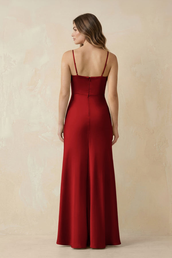 Spaghetti Strap Sheath Satin Bridesmaid Dress With Slit in Spice - KissProm Bridesmaid Dresses