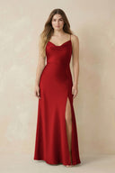 Spaghetti Strap Sheath Satin Bridesmaid Dress With Slit in Spice - KissProm Bridesmaid Dresses