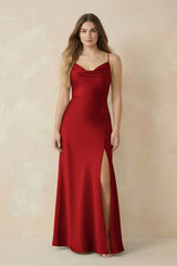 Spaghetti Strap Sheath Satin Bridesmaid Dress With Slit in Spice - KissProm Bridesmaid Dresses